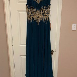 Elizabeth K - Lace Embroidered Bateau Chiffon A-Line Dress, Size M, Teal Color
